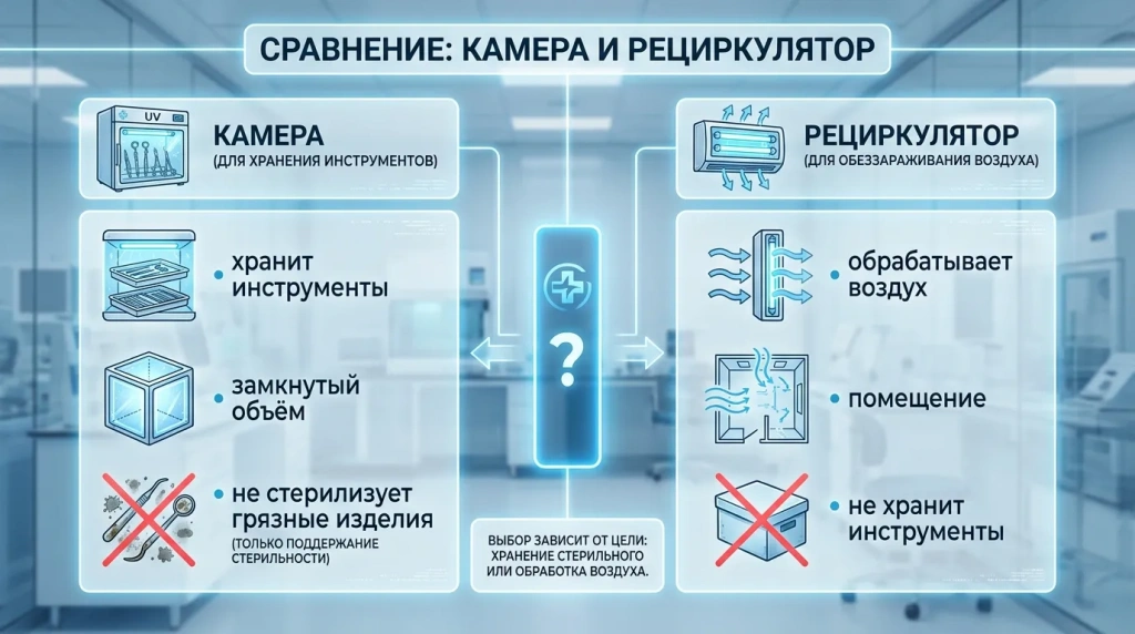 Сравнение бактерицидной камеры и рециркулятора по назначению
