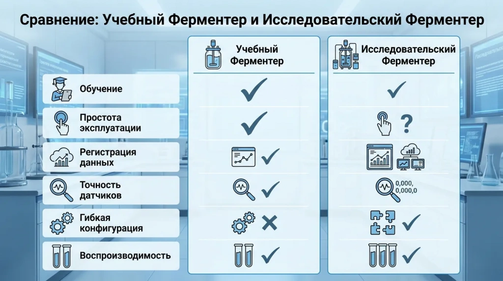 Сравнение учебного и исследовательского ферментера по задачам лаборатории