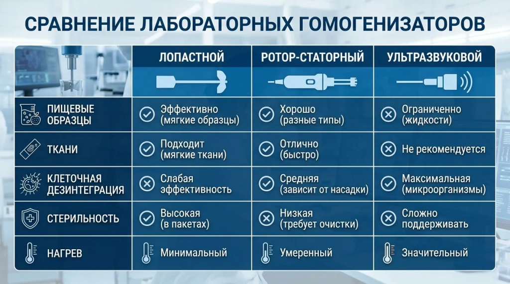 Сравнение лопаточного роторно-статорного и ультразвукового гомогенизатора